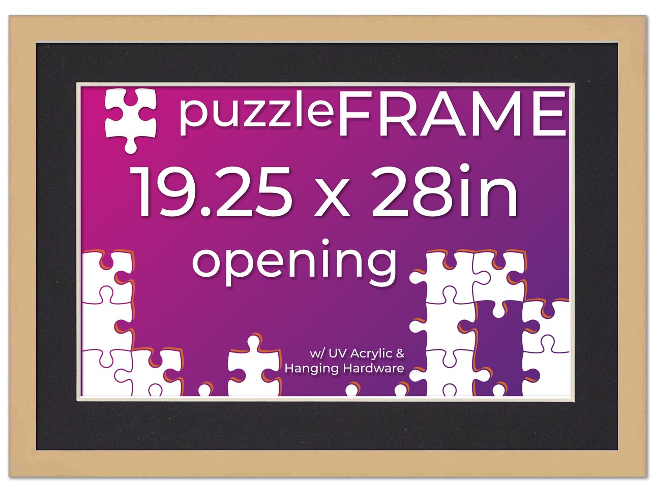 Natural Wood Puzzle Frame Kit with Glue Sheets, Black Mat, Backing, UV Acrylic - Available in 20 Popular Sizes